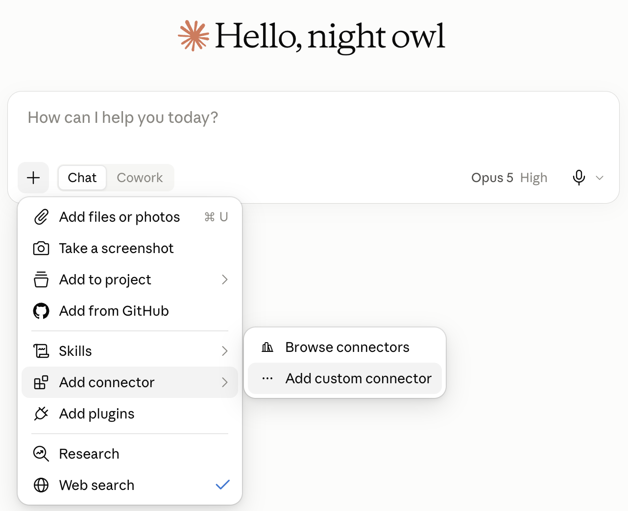 The plus menu in a Claude chat, open at Add connector, with Add custom connector highlighted