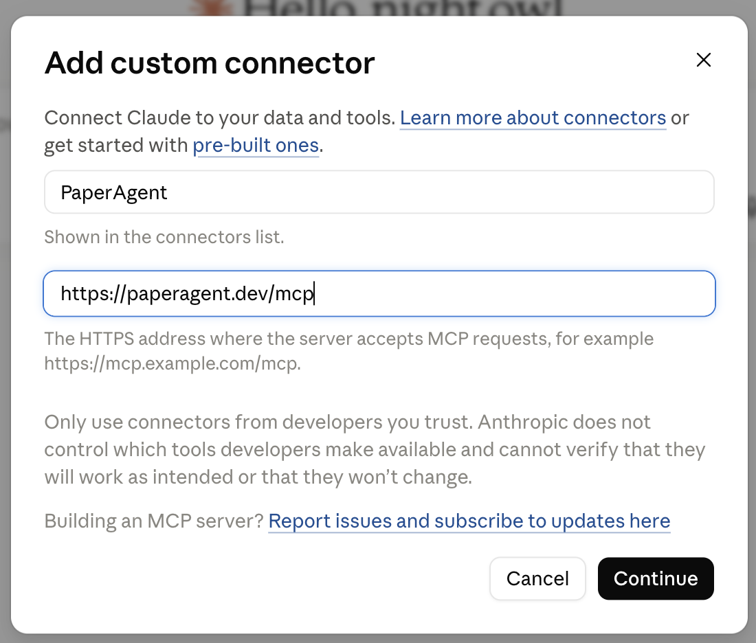 The Add custom connector dialog, filled in with the name PaperAgent and the MCP address