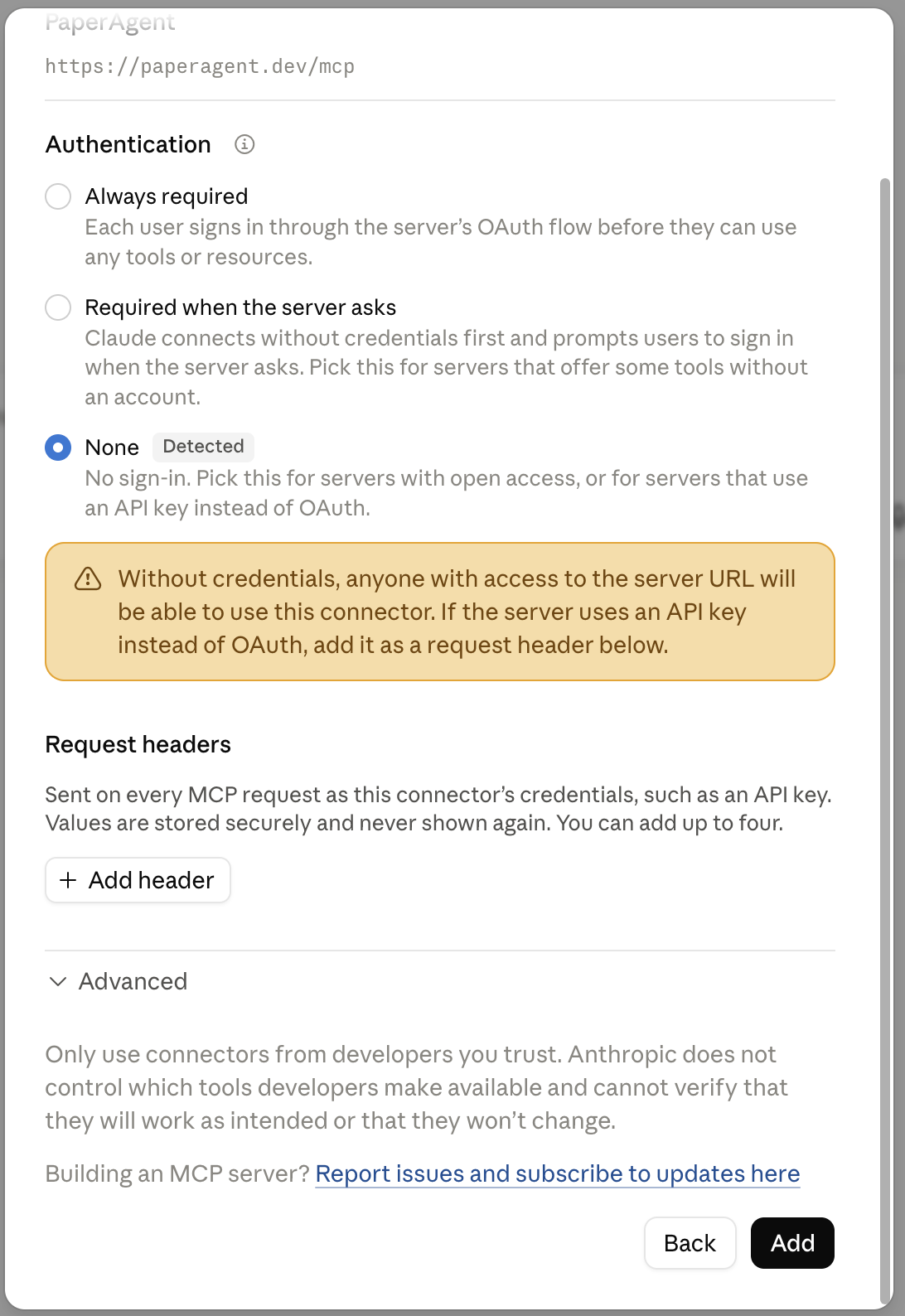 The authentication step, with None selected and marked Detected, above the Add button