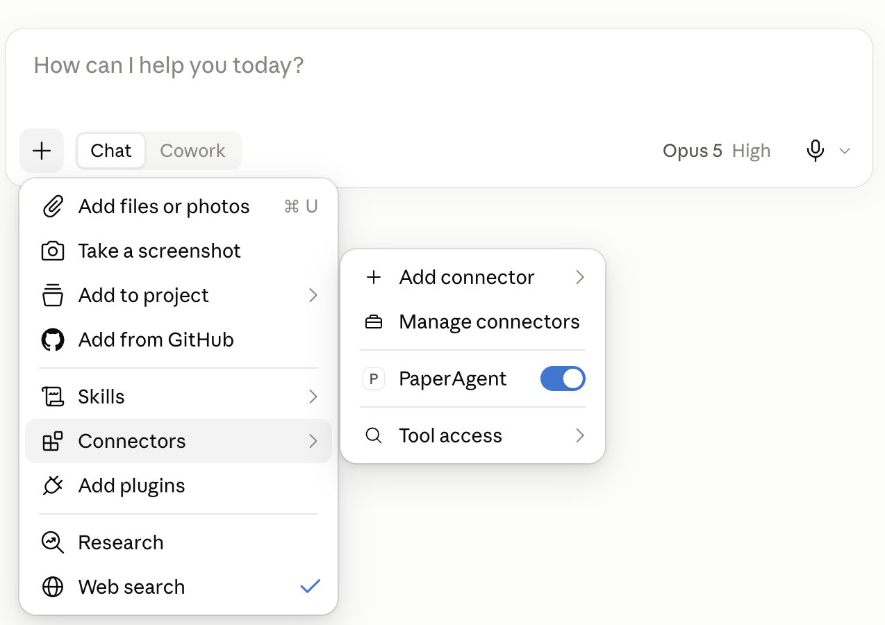 The Connectors menu in a chat, with the PaperAgent toggle switched on