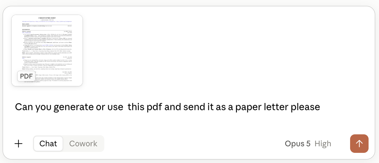 A chat with a PDF attached, asking Claude to send it as a paper letter