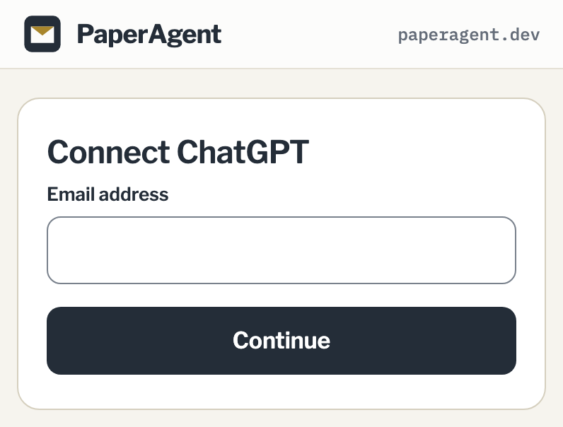 The Connect ChatGPT sign-in screen on paperagent.dev, under the PaperAgent bar, with an email address field above a Continue button
