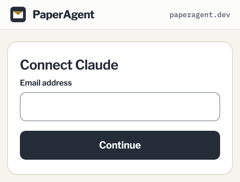 The Connect Claude sign-in screen on paperagent.dev, under the PaperAgent bar, with an email address field above a Continue button